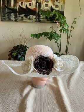 Elegant Ivory Wide-Brim Hat with Brown  and Cream Velvet Floral Accent